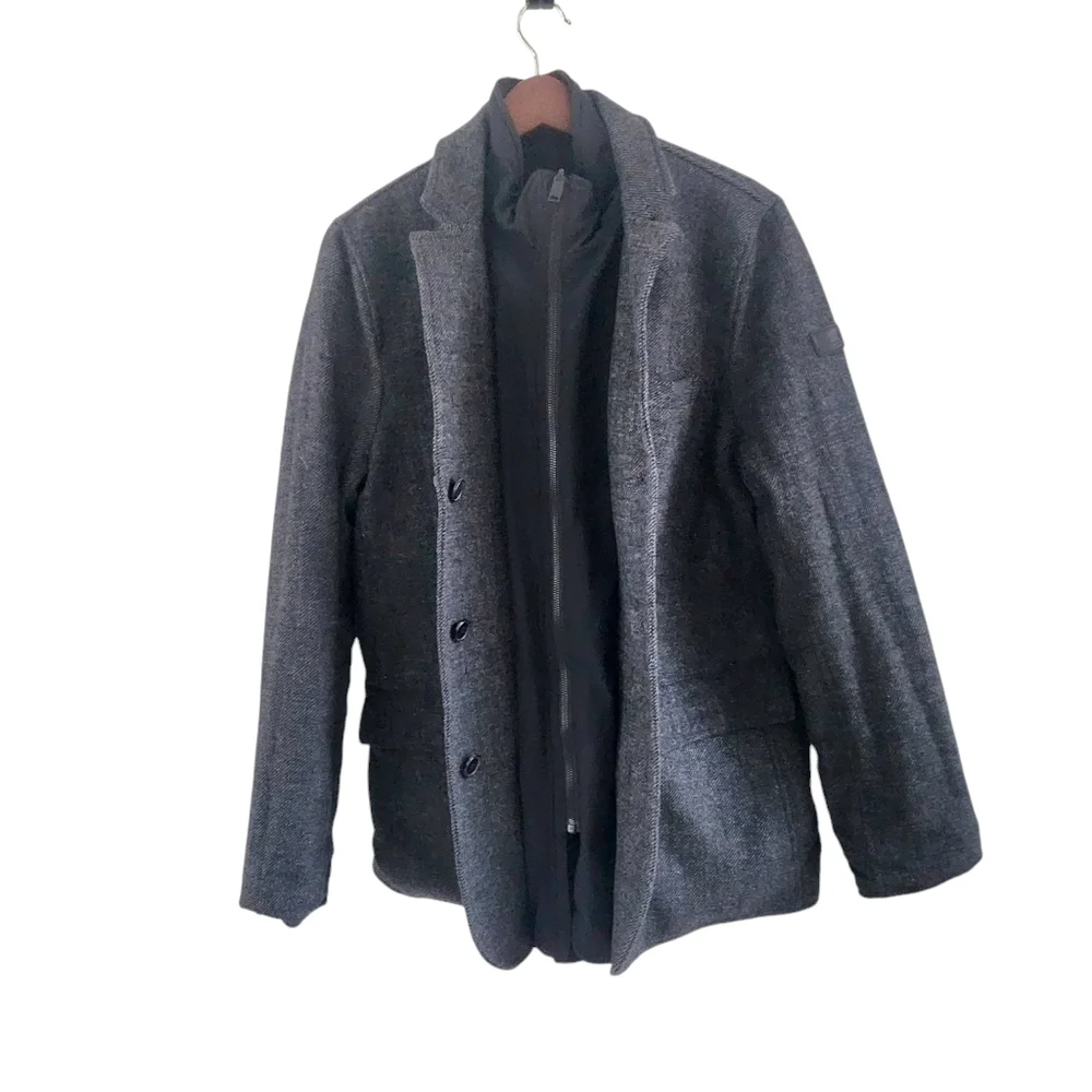 Tumi Mens Size Medium Reversible Wool Nylon Coat Jacket Overcoat Black Gray - Picture 11 of 13